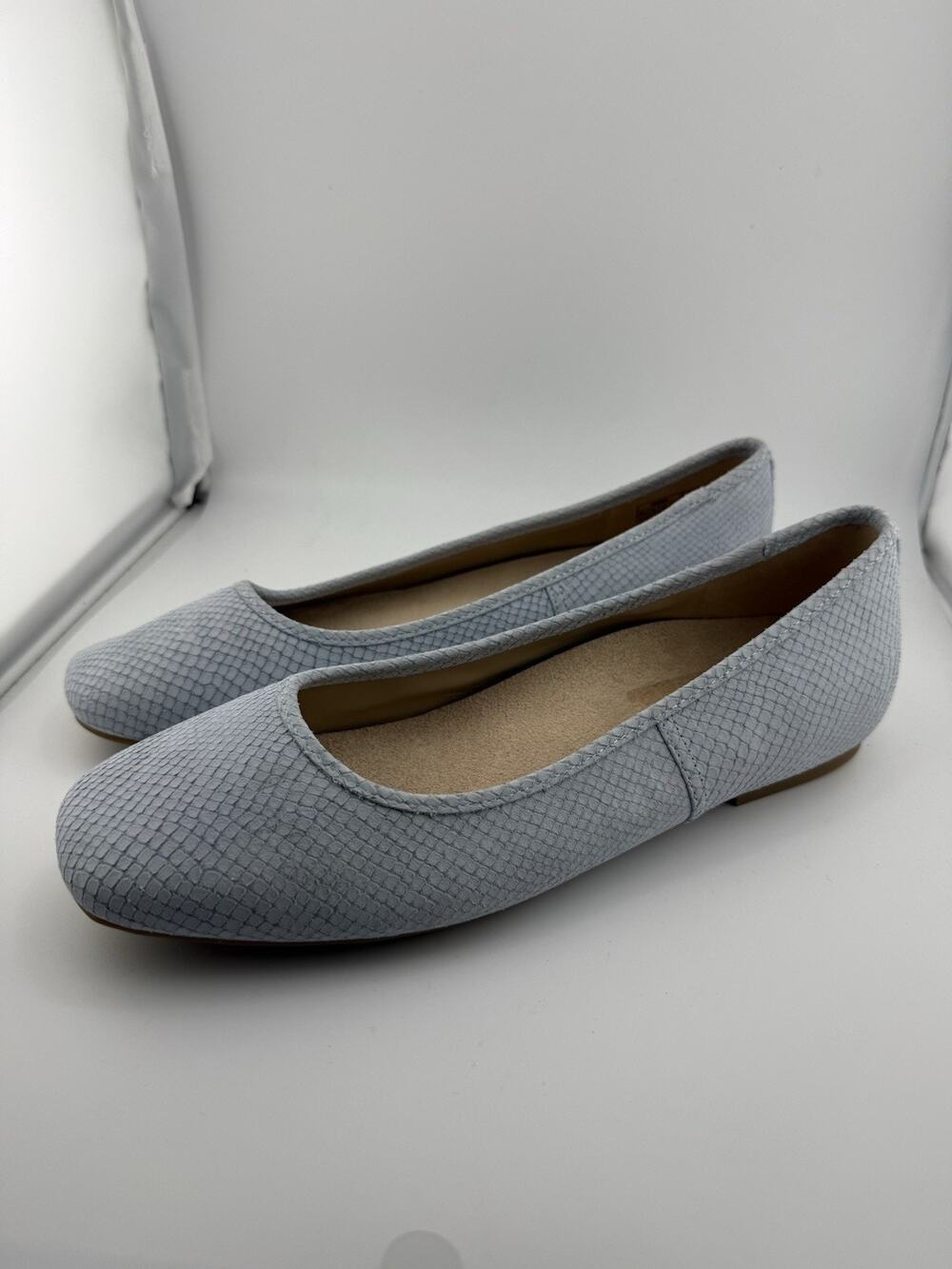 NWOT Vionic Blue Mist Snakeskin Suede Orinda 2 Square Toe Ballet Flat Size 9.5
